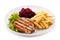 Grilled steak, French fries and vegetables on white background