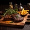Grilled steak fries spices on wooden block table