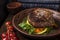 Grilled steak with greens in a round ethnic plate.