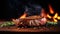 Grilled steak medium rare, rosemary, smoky flame background