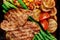 Grilled steak with potato chips and vegetables