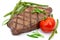 Grilled steak with tomato and green beans,isolated