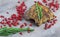 Grilled steak on a wooden background. piece of deep-fried meat with pomegranate seeds and a sprig of rosemary