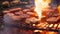 Grilled steaks on barbecue grill with flames and smoke background, Close-up of barbecues cooking grilling on charcoal