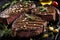 Grilled steaks with garlic and rosemary on a plate