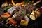 Grilled steaks with vegetables on barbecue grill. Selective focus