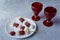 Grilled Strawberry and Marshmallow in white plate on grey background