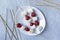 Grilled Strawberry and Marshmallow on wooden skewers in white plate on grey background