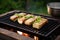 grilled tofu steak sizzling on a backyard barbecue