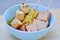 Grilled tofu,  wonton or Chinese dumpling or dumpling and sausage or Chinese food or Chinese soup