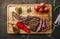 Grilled tomahawk meat medium rare or rib eye steak on wooden cutting board with grilled vegetables and glass with wine on dark