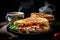 Grilled turkey sandwich with cheese, tomatoes and basil on black plate