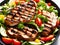 grilled turkey steak with vegetables and salad on wooden background. top view, AI Generated