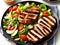 grilled turkey steak with vegetables and salad on wooden background. top view, AI Generated