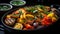 Grilled vegetable meal with tomato, gourmet barbecue, and freshness plate generated by AI