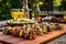 grilled vegetable skewers on cedar plank with grill in background