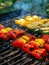 Grilled vegetables on a grill, red pepper and yellow pepper, zucchini