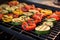 grilled veggie kebabs resting on an iron griddle