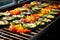 grilled veggie kebabs resting on an iron griddle