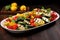 grilled veggies on a rectangular ceramic dish on a dark table