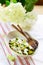 Grilled zucchini salad with yogurt dressing with garlic, dill and mint. A traditional dish of Turkish cuisine