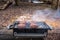 Grilling burgers on the Charcoal barbecue grill on the woods