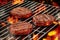 Grilling process of preparing pork cutlets for burgers. Meat roasted on metal barbecue BBQ grill with bright flaming