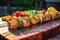 grilling salmon on cedar plank with vegetable skewers