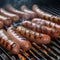 Grilling sausages on barbecue grill. Generative AI.