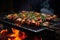 grilling shashlik with vibrant fire and smoke