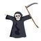 Grim reaper in black cloak with hood and a scythe isolated on a white background. Smiling skull. V
