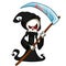 Grim reaper cartoon character with scythe isolated on a white background. Cute death