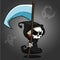 Grim reaper cartoon character with scythe on a white background. Cute death character in black hood