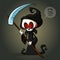 Grim reaper cartoon character with scythe on a white background. Cute death character in black hood