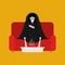 Grim Reaper sick sitting in armchair wrapped in blanket. Death i