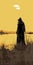 Grim Reaper Silhouette: Dystopian Wetland View In Golden Hues