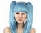 Grimacing woman with blue wig