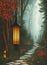 Grimm& x27;s bedtime story, cold crooked enchanted creepy forest, fire lantern provide light on a small castle, illustration