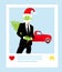 Grinch Santa driving a car. Social media concept