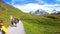 Grindelwald, Switzerland - August 16, 2019: Hikers walking on the path leading from Bachalpsee lake