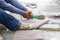 Grinder worker cuts a stone tile