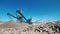 Grinding machines are processing gravel. Aerial view of mining quarry.