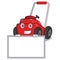 Grinning with board lawnmower in the a mascot shape