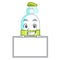 Grinning with board liquid soap in the character bottles