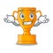 Grinning cartoon trophy cup with star on cyan