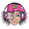Grinning DJ girl with green eyes in pink headphones