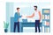 Grinning employer hands check to employee in office. Cheerful businessman provides paycheck to worker. Job compensation. Vector
