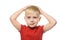 Grinning, fair-haired boy in a red t-shirt folded his arms behind his head. Isolate on white background