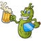 Grinning pickle cartoon character holding a big mug of cold delicious beer and a pickleball paddle