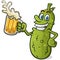 Grinning pickle cartoon character holding a huge mug of beer